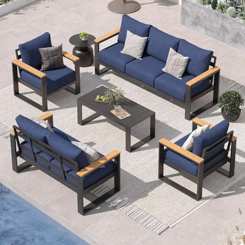 Image of Sundale Outdoor Aluminum Patio Furniture Set, 5 Piece Outdoor Conversation Sets with Coffee Table and 6 inch Thick Olefin Cushions, All Weather Outdoor Sectional Set for Deck, Lawn, Yard (Navy Blue)