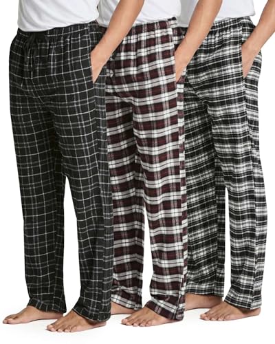 Real Essentials 3 Pack: Men's Flannel & Cotton Pajama Pants - Lounge Sleep PJ Plaid Bottoms w/Pockets,Set 2-L