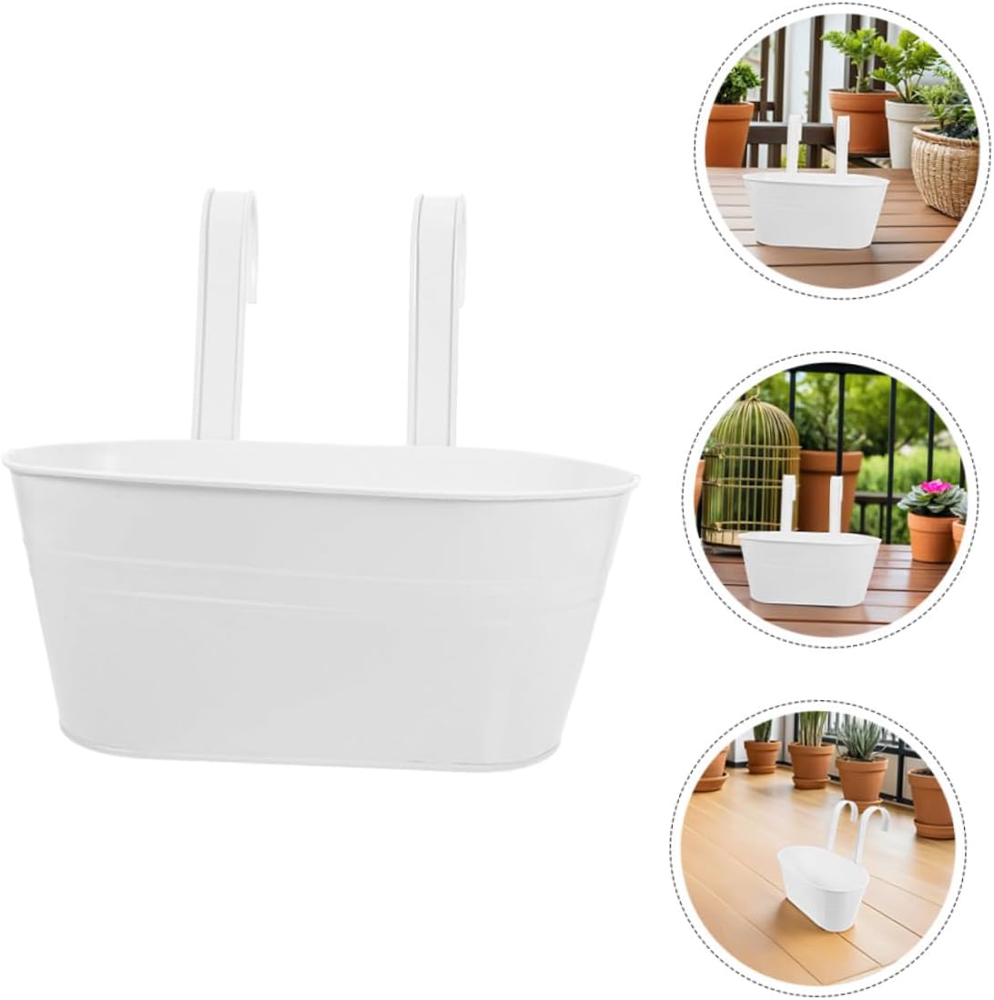 3pcs White Metal Iron Hanging Planters for Balcony Railing, Oval 27x14.5cm Garden Flower Pots with Detachable Handle, Outdoor Deck Hanging Basket for Patio and Home Gardening