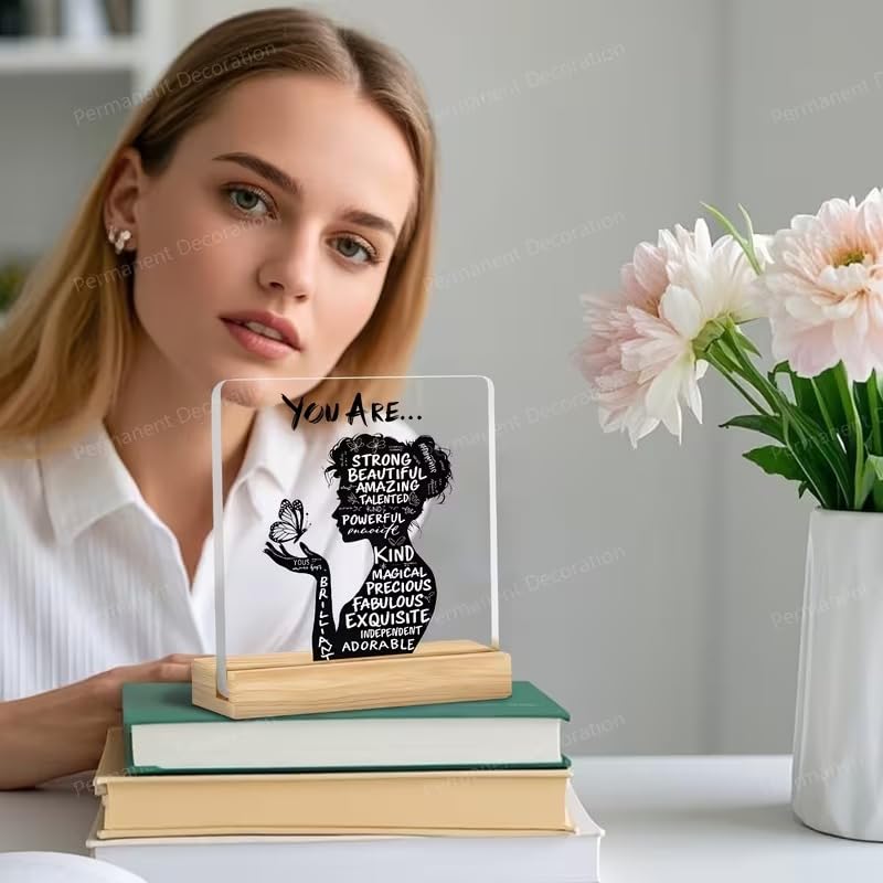 Image of SNAPTRAP You Are Strong Beautiful Acrylic Plaque with Wooden Base | Motivational Gift for Women Girls | Self Love Affirmation Desk Decor | Inspirational Gift for Her | Birthday, Friendship Gifts