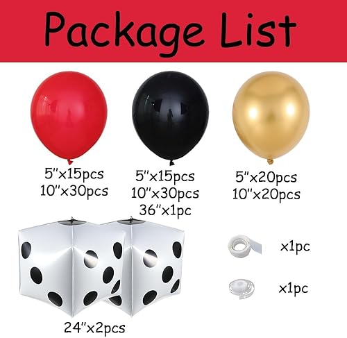 Miniatura 2 de Decoraciones de fiesta temática de casino, 133 piezas de guirnalda de globos rojos y negros dorados con globos de papel de aluminio