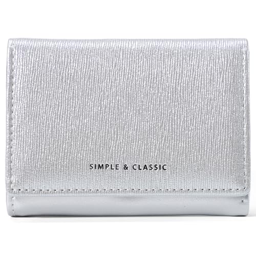 Womens Wallet Small Trifold Slim Pearlescent Trendy Leather Glitter Cute Wallet Cash Pocket with Coin Purse ID Window Card Holder for Girls (Silver)