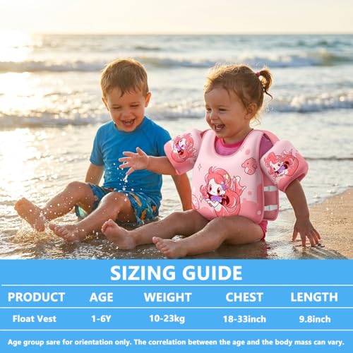 Image of Proberos Kids Swim Float Vest Non-Inflatable Swim Buoyancy with Arm Floats Adjustable Toddler Swim Aid Foam Inserts Buoyancy, Cartoon Swimming Training Polyester Jacket for Pool Water Learning