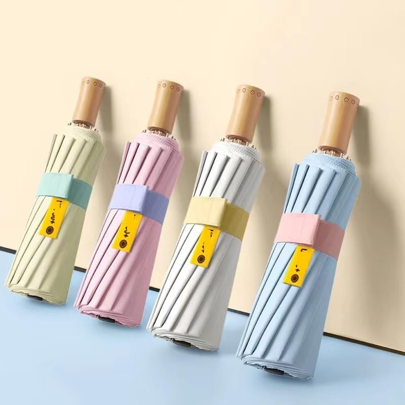RENEESME Umbrellas for Rain 16-Bone Sun Umbrella Wooden Handle Umbrella Girl Solid Color Folding Umbrella Retro Sunshade Umbrella Strong Umbrella for Wind and Rain(A)