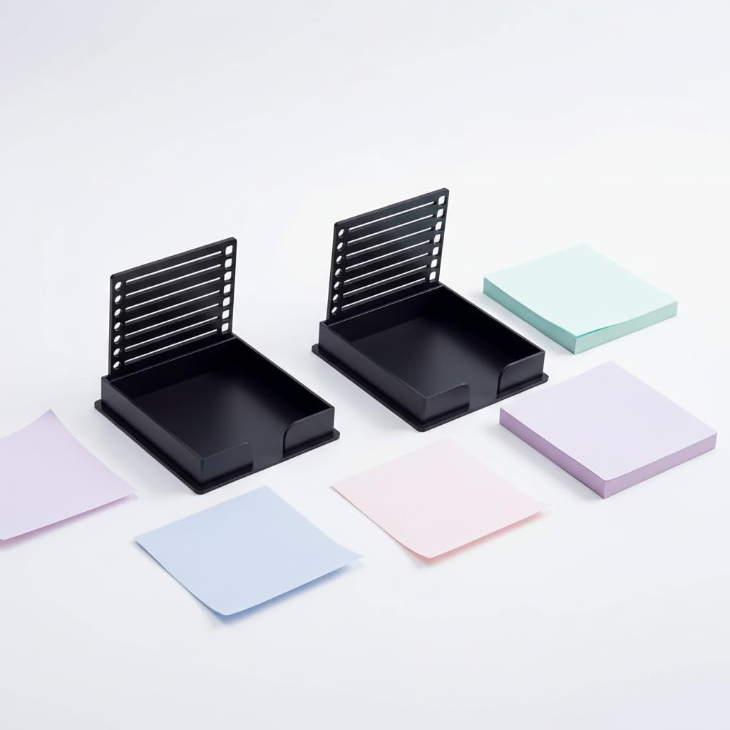 Sticky Note Holder for 3x3 Post It Notes with Stencil and Line Box Drawing Template Office Home Memo Pad Organizer Dispenser (Black 2 PCS)