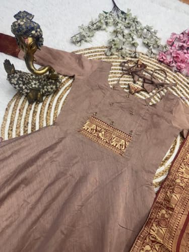 Image of Women's Pattu Cotton Anarkali Kurta with Dupatta | Handwork Embroidery | Jacquard Zari Border | Ethnic Kurti Set for Women