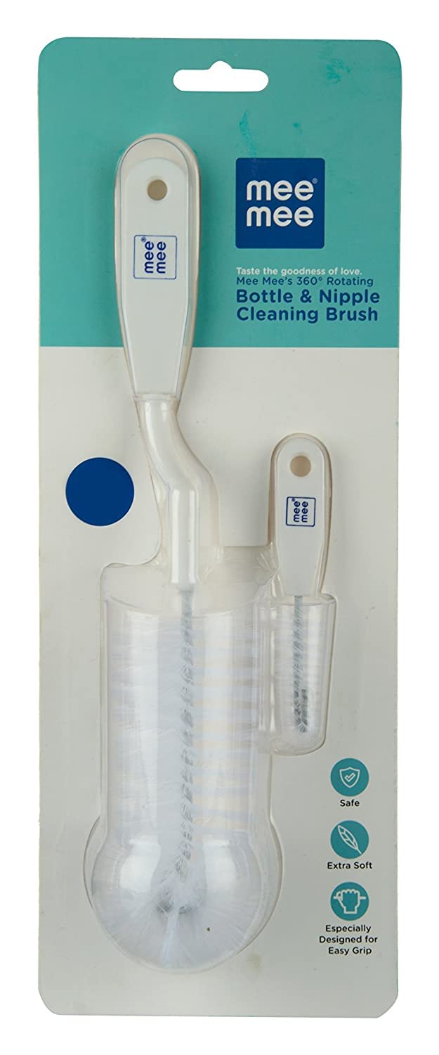 Mee Mee 360° Movable Nylon Bristle Baby Feeding Bottle Cleaning Brush & Nipple Cleaner | Ergonomic Handle | Easy to Clean Narrow & Wide Neck Feeding Bottles | BPA Free, Easy Hanging Storage (White)