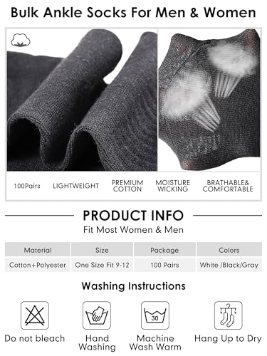 Image of Tarpop 100 Pairs Bulk Mens Socks Moisture Wicking Casual Sports Ankle Socks for Homeless Unisex Adult Men Women