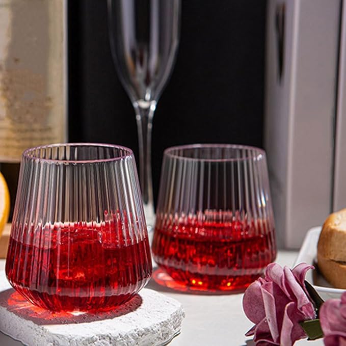Image of Forestamart [6 Pack, 360 ml] - Elegant Ribbed Stemless Wine Glasses, Durable Lead-Free Crystal Glass, Perfect for Red Wine, White Wine, Champagne, Cocktails, and Sparkling Water