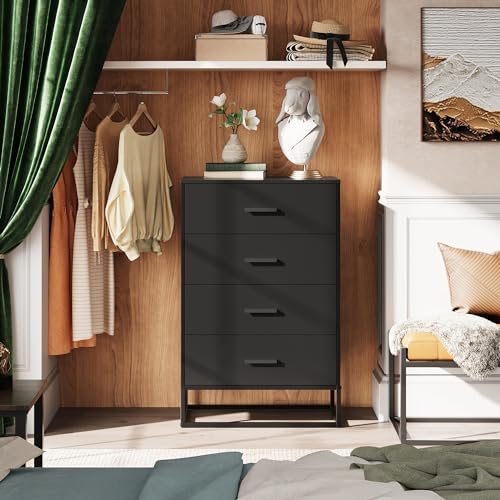 WLIVE Wood Dresser for Bedroom with 4 Drawers, Nightstand, Chest of Drawers, Tall Dresser Drawers with Sturdy Metal Frame for Hallway, Living Room, Closet, Black