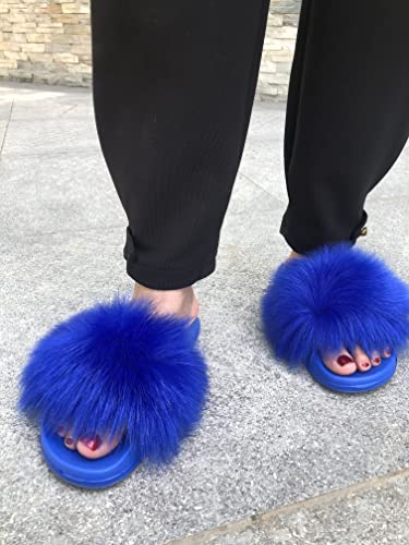 Image of Women's Faux Fur Slides, Open Toe Cute Fur Slippers, Indoor or Outdoor Comfortable Furry Slide Sandals With Fluffy Fur