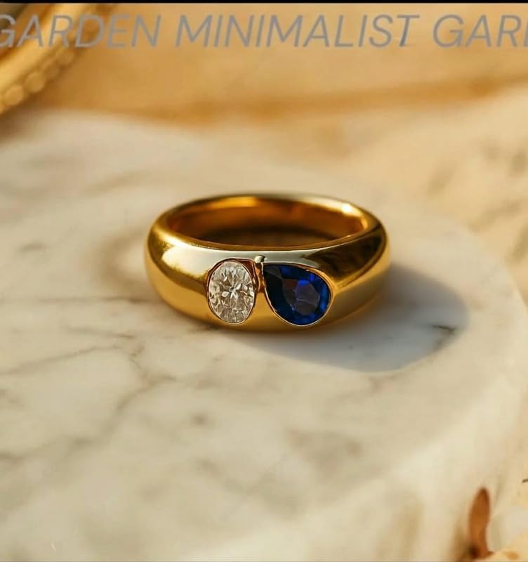 Yellow Gold Plated Chunky Dome Ring with Oval Diamond and Pear Cut Blue Sapphire Handmade Jewelry GMR88