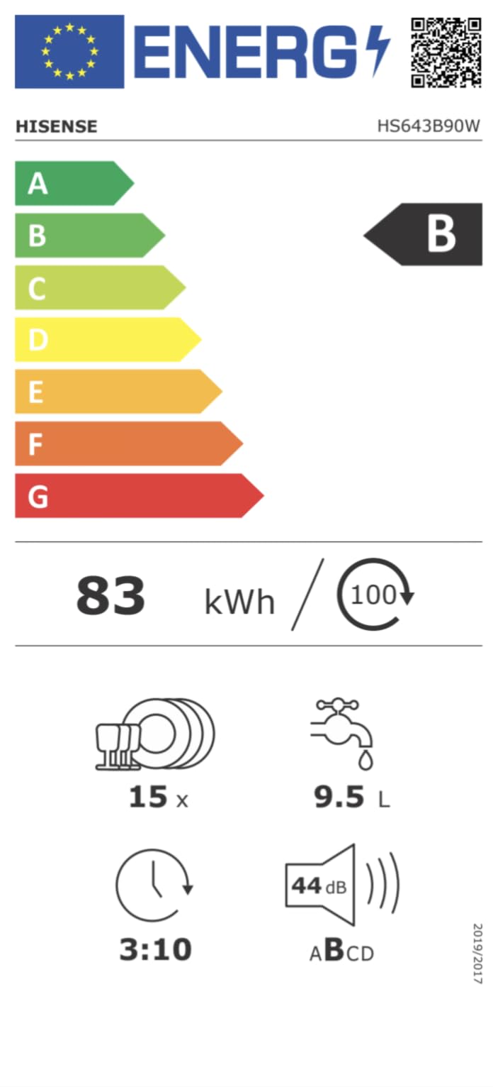 Hisense HS643B90W - Lavavajillas Clase B, 15 Servicios, Fondo 60cm, Secado Extra, Programa Automático, Tercera Bandeja, Programa Corto 1 hora, 15 Servicios, Aqua Protect System, Control Táctil, Blanco