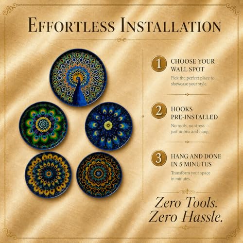 Image of TARUN'S HOME DECOR - Decorative Peacock Mandala Wall Plates Set of 5 | Handcrafted Metal Wall Art for Living Room, Bedroom, Hall & Home Decor | Multicolor Ethnic Hanging Wall Decor