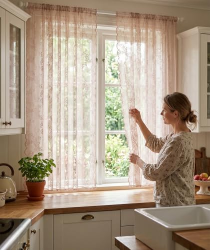 Image of piercing Curtains for Kitchen, Lace Curtains, Kitchen Window Curtains, Sheer Curtains, Kitchen Curtains 29 inchx39 inch Lace Tier 1-Panel Rod Pocket Floral Scalloped Cafe Light Filter White (Style 3)