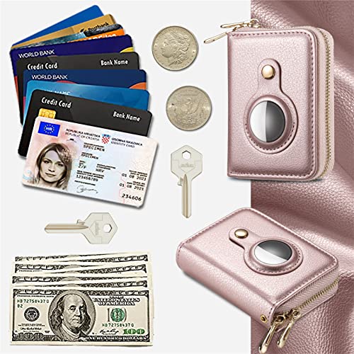Bingcok AirTag Wallet for Women, Minimalist PU Leathter Wallet, RFID Blocking Small Cash Credit Card Holder Organizer Wallet with Airtag Holder and hand strap, Slim Wallet Women. (1-Rose Gold)4