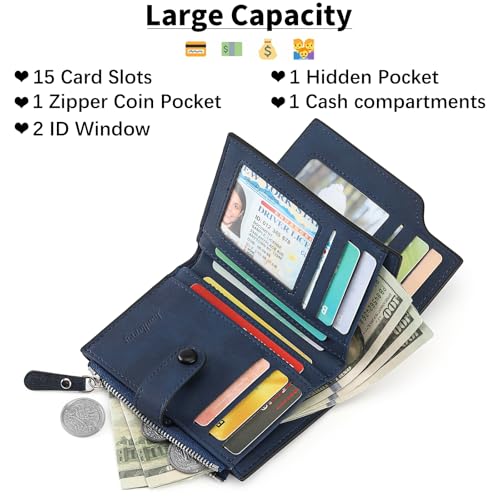 Wallet for Men Large Capacity Leather RFID Blocking Trifold Wallet with 2 ID Windows and 15 Card Holders2