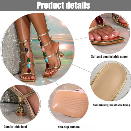 Women's Jeweled Stone Gladiator Sandals, Beaded T-Strap Stiletto Heels Ankle Strap Sandal Slip on Casual Dress Sexy Shoes for Party,Wedding,and Vacation2