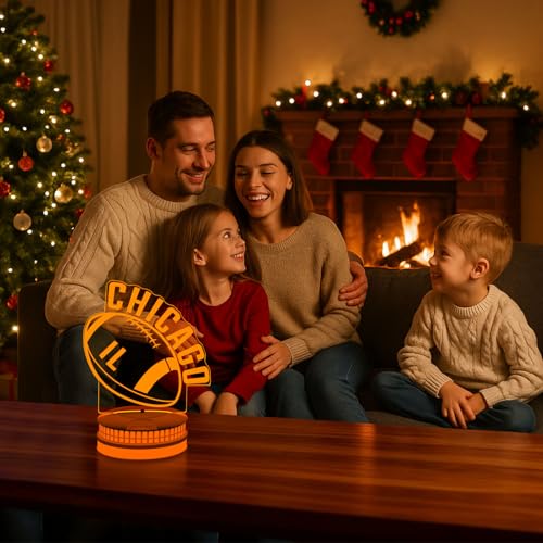 Image of CLORURBANLIVE 3D Football Chicago Night Light 3D Illusion Lamp with Remote Control 16 Color Options Sports Decor Lighting for Fans - Multicoloured OneSize