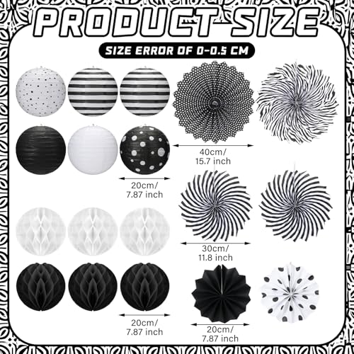 Image of Retisee 18 Pcs Black and White Party Classroom Decoration Hanging Black White Paper Lanterns Paper Fans Honeycomb Balls Polka Dots Stripe Lanterns Decorative for School Classroom Decoration Supplies