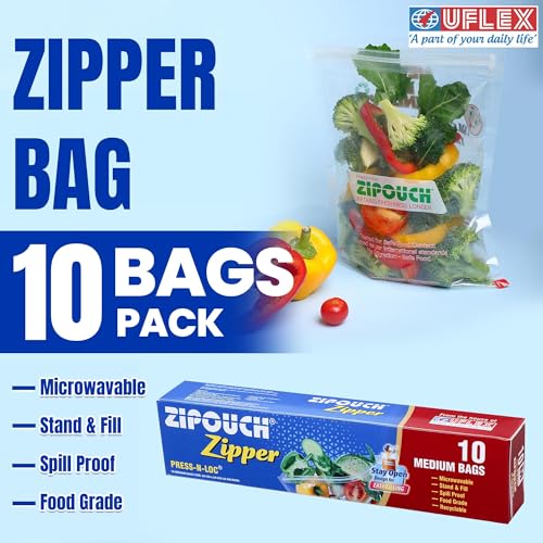Image of Zip Lock Bag with Zipper | Small Pack of 3 (30 Bags, 21x18 cm) | Ziplock Bags for Fridge & Travel Packing | Zipper Pouch & Zip Lock Covers for Food, Vegetables & Snacks