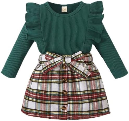 AMAWMW Toddler Baby Girl Fall Winter Clothes Long Sleeve Ruffle Shirt Corduroy Mini Skirt Infant Girl A-line Dress