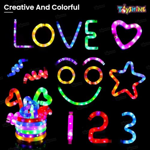 Image of Toyshine LED Flashing Pop Tube Fidget Toy 6 Pcs - Fun Pull and Pop Sensory Toys for Kids Adults - Stretch and Bend ADHD Autism Anxiety Stress Relief - Great Gift Party Prizes,Multicolour