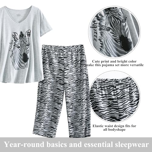 Image of PNAEONG Women Pajama Set Sleepwear Tops with Capri Pants Casual and Fun Prints Pajama Sets