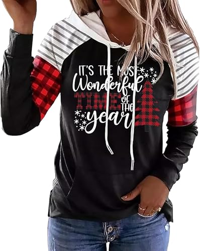 LLHXRUI Merry Christmas Buffalo Plaid Tree Striped Splicing Hoodie Shirt Blouse for Women Christmas Color Block T Shirt Top