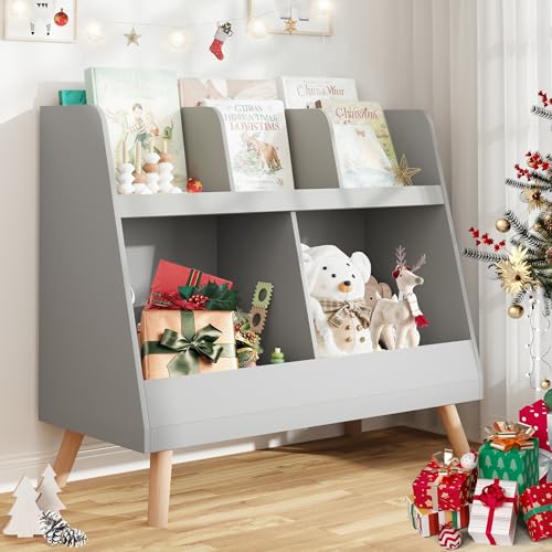 Image of Curipeer 2-Tier Kids Bookshelf and Toy Organizer, Gray, 5 Cubbies, Modern Style, Wood, 32.4x12.5x27.3 inches, 32.5 pounds