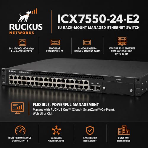 Image of Ruckus ICX7550-24-E2 Managed Switch, 24x 10 /100 /1000 Mbps RJ-45, 2x 40GbE QSFP+ + Modular Expansion Slot Uplinks - Stackable Campus Switch, 40 /100G Uplinks, Multigigabit PoE++ Ready
