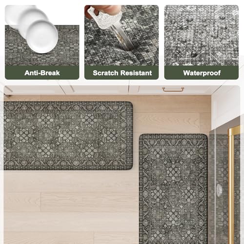 KIMODE Anti Fatigue Kitchen Mat 2PCS,Waterproof Farmhouse Green Kitchen Rugs Non-Slip,Vintage Kitchen Mats for Floor,Cushioned Comfort Standing Mat for Laundry,Office,Sink,Desk,17