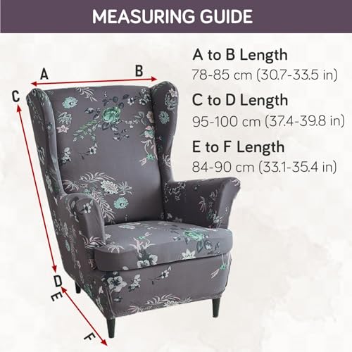Image of HOKIPO 140 GSM Stretchable Wing Chair Cover, Bentonite Grey Budding Florals (NEW-AR-5135-D1)