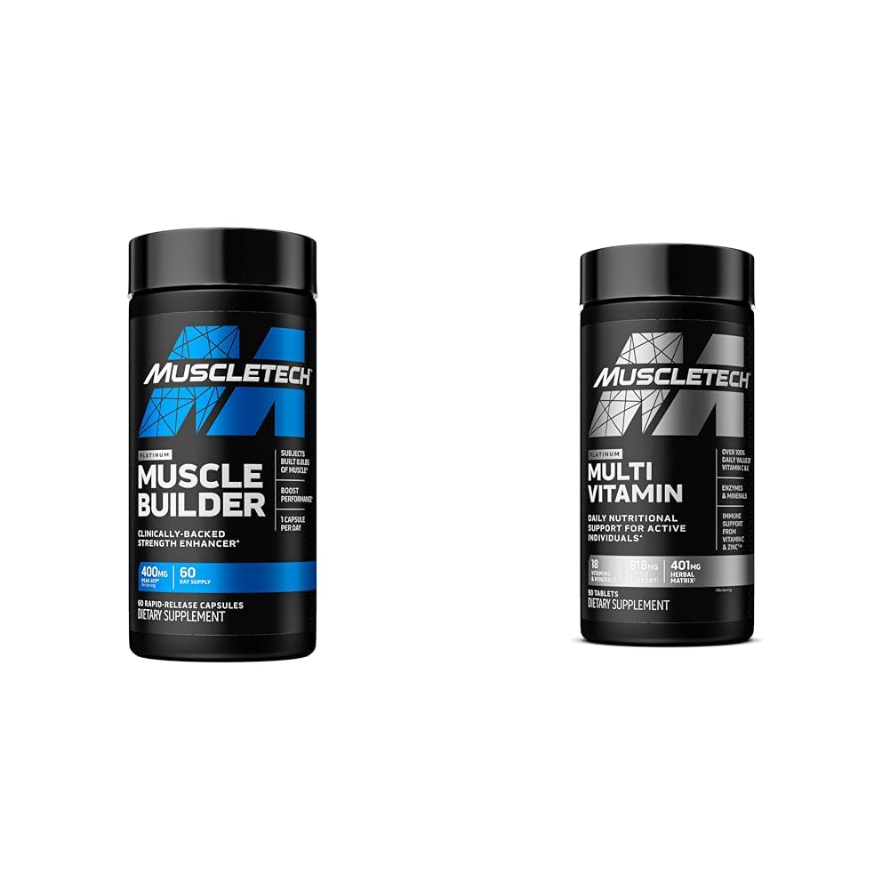 MuscleTech Muscle Builder with 400mg Peak ATP and Platinum Multivitamin with Amino Support Matrix and Vitamin C - Muscle Building and Immune Support Supplement