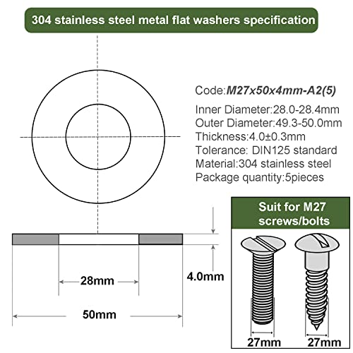 M27 Washers, M27 x 50mm Metal Flat Penny Washer Thickness 4mm-A2 304 Stainless Steel Washers (5 Pack) - Image 2