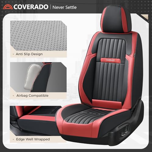 Image of Coverado Car Seat Covers Front Seats, Seat Covers for Cars, Car Seat Protector, 2-Pack Car Seat Cushion Nappa Leather, Waterproof Seat Covers Carseat Cover Universal Fit for Most Cars(Red&Black)
