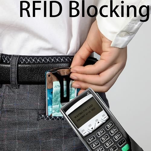 Image of Minimalist Wallet for Men, Slim Metal RFID Blocking Wallet Credit Card Holder Money Clip & Cash Strap, Scratch-Resistant Holds 15 Cards,Ideal Gift for Men | Resin Wood, Unique Pattern ,Light Blue