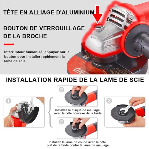 TEENO Meuleuse D'angle 1000W, Meuleuse Angulaire Régime à Vide 12000 trs/min (Disque à Ébarber/à Tronçonner:125 mm 4 pièces),Pour la coupe et le meulage du métal,Carter de Protection et Poignée – Image 5