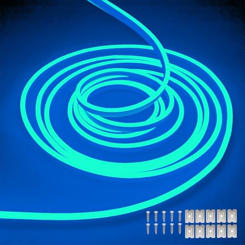 Balabaxer Ice Blue neon LED Strip Lights, 16.4 ft/5m 12V DC 600 SMD2835 LEDs Waterproof Rope Light for Indoor and Outdoor Home Decoration (no Power Adapter Included).