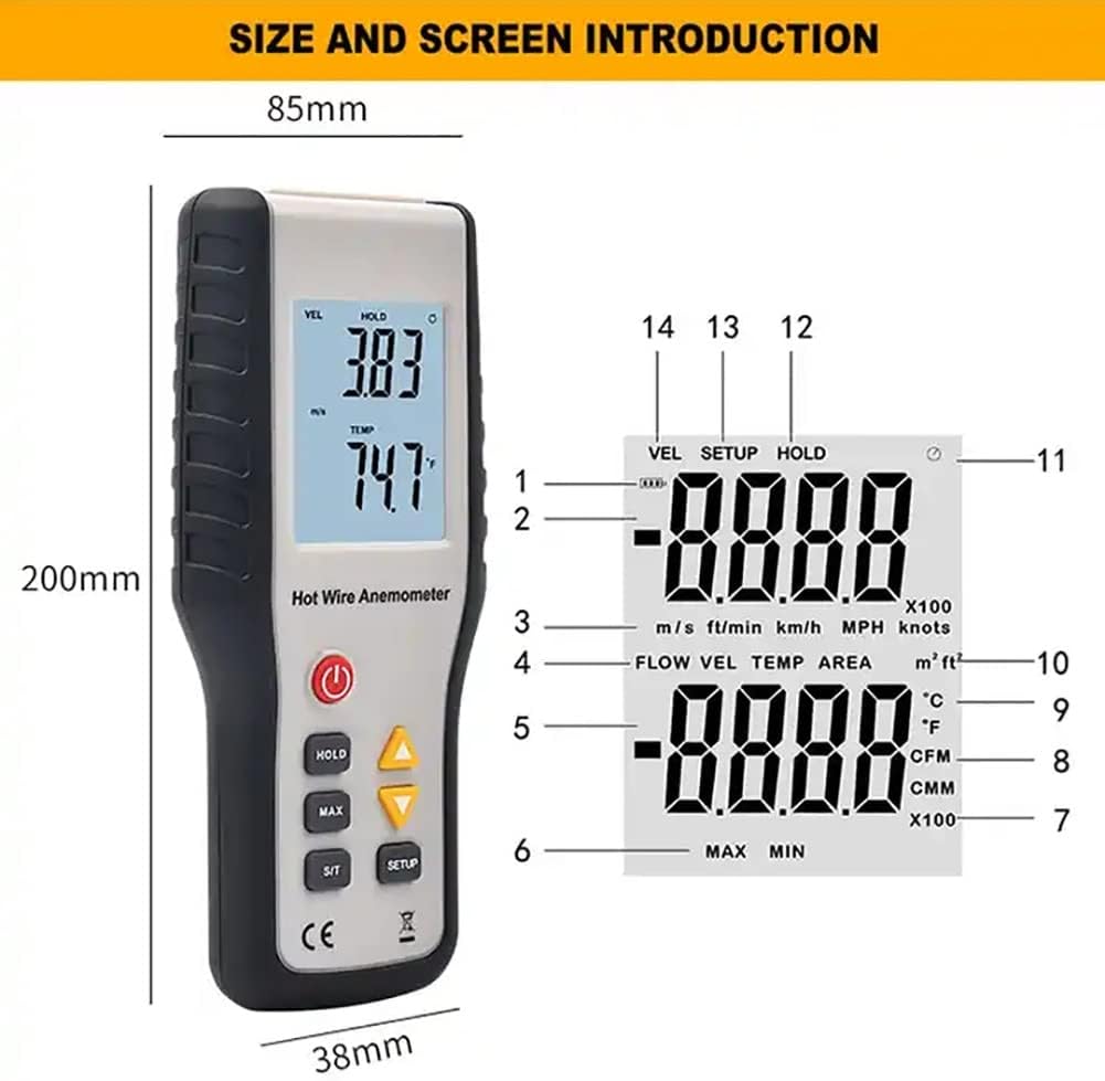 Anémomètre à fil chaud pour conduit, compteur de vitesse du débit d'air portatif CFM/CMM, jauges de vitesse du vent, avec écran LCD rétroéclairé, pour la température de la vitesse de l'air du flux d'a