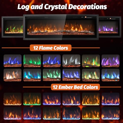 COSTWAY 40"/50" Electric Fireplace, Wall Mounted/Recessed/Freestanding Fire Heater with 12 Flame & 12 Ember Bed Colors, 5 Brightness, Remote Control, 8H Timer, Thermostat, 750W/1500W - Image 4
