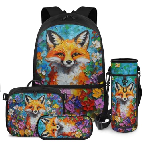 Doojoayie Bookbag and Lunch Box Set for Girls Fox Backpack for School Lightweight Kids Back Pack Cute Girls School Bag 3rd Grade Backpack for Primary Elementary Student