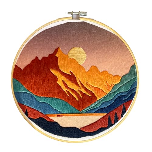 Image of mozhijing Landscape Embroidery Stamped Pattern.Scenery Embroidery Kits for Beginners Adults, Mountains and Lake Stamped Cross Stitch Kits for Beginners (Pattern B)