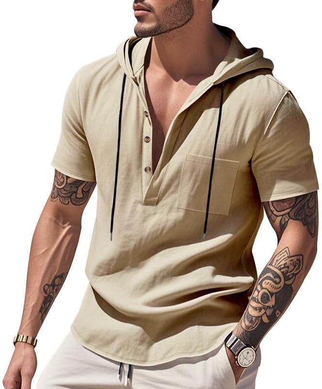 LIZALIG Men's Casual Linen Blend Shirt Short Sleeve Hooded Pullover 1/4 Button Henley Shirt for Vacation and Daily Wear