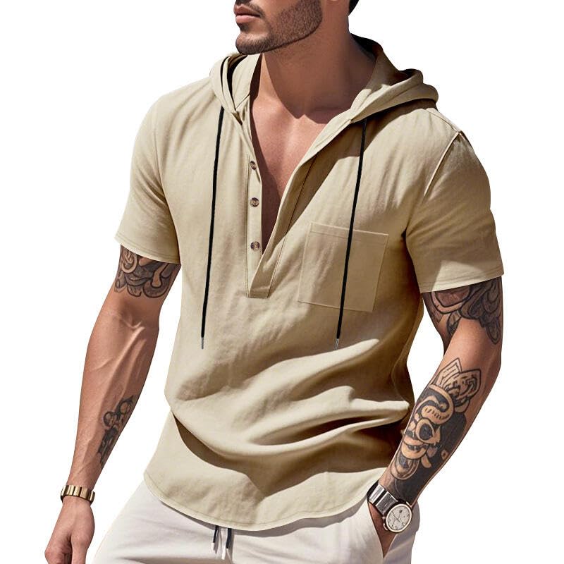 Men's Casual Linen Blend Shirt Short Sleeve Hooded Pullover 1/4 Button Henley Shirt for Vacation and Daily Wear