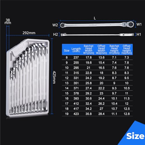 Image of toolant 12PCS Extra Long Ratcheting Wrench Set, Gift for Men, Flex Head & Fixed Offset Head Double Box End Combination Wrench Set, CR-V Steel, Metric 8-19mm, with Storage Tray