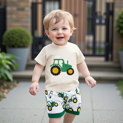 Engofs Toddler Baby Boy Clothes Summer Outfit Short Sleeve Tractor Letter Print T Shirt Shorts Set2