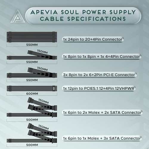 Image of Apevia ATX-SL1000W Soul 1000W Fully Modular Power Supply ATX 3.0 & 3.1 Compatible, PCIe 5.1 12V-2x6 Connector, ATX Active PFC, DC to DC Converter Design, 140mm Silent Fan, RoHS Compliance
