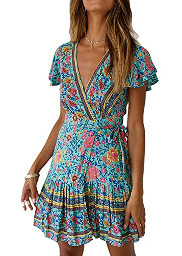 Mosestons Femmes Floral Robe Bohème Courte D'été Sexy Robe Décontractée Manches Courtes Fête Plage Robe De Vacances S-XL Cover