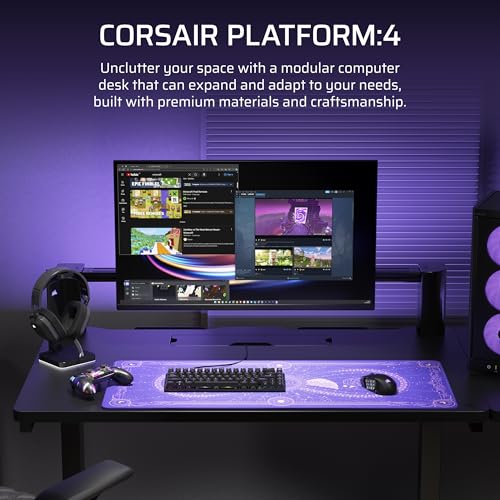 Corsair Platform:4 – 120 cm x 76 cm, Altura Fija, Escritorio de Pie para Juegos de Oficina, Cables Escritorio, Alimentación USB, Brazo para Monitor Incluido – Negro